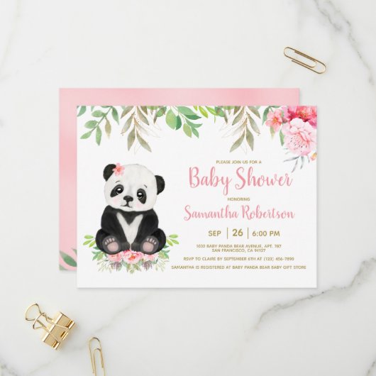 かわいいクマ赤面ピンクの水の色の女の子ベビーシャワー インビテーションポストカード (正面/裏面インサイチュ)