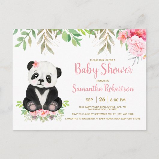 かわいいクマ赤面ピンクの水の色の女の子ベビーシャワー インビテーションポストカード (正面)