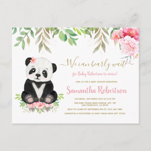 かわいいクマ赤面ピンクの水の色の女の子ベビーシャワー インビテーションポストカード (正面)