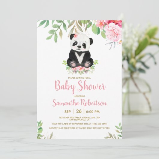 かわいいクマ赤面ピンクフローラガールベビーシャワー 招待状 (スタンド正面)