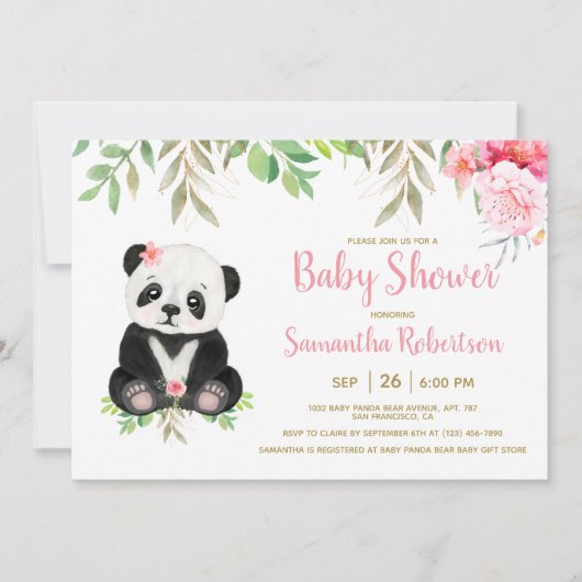 かわいいクマ赤面ピンクフローラ赤ちゃんシャワー写真 招待状 (正面)