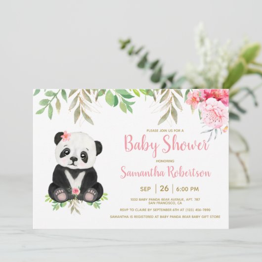 かわいいクマ赤面ピンクフローラ赤ちゃんシャワー写真 招待状 (スタンド正面)