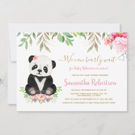 かわいいクマ赤面ピンクフローラ赤ちゃんシャワー写真 招待状 (正面)