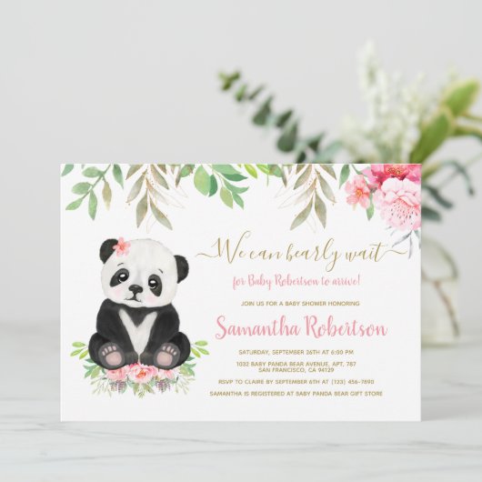 かわいいクマ赤面ピンクフローラ赤ちゃんシャワー写真 招待状 (スタンド正面)