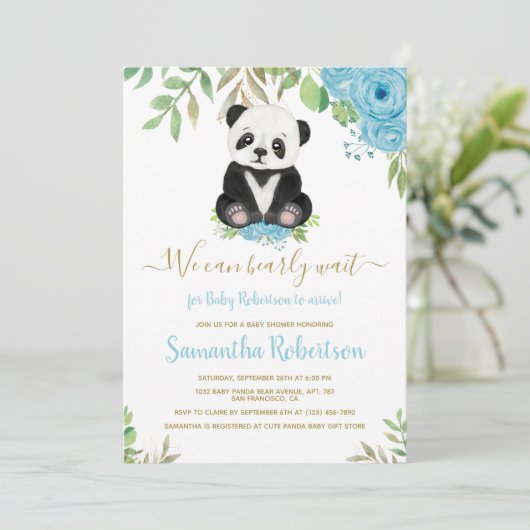 かわいいクマ青フローラ水彩赤ちゃんシャワー写真 招待状 (スタンド正面)