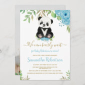 かわいいクマ青フローラ水彩赤ちゃんシャワー写真 招待状 (正面/裏面)