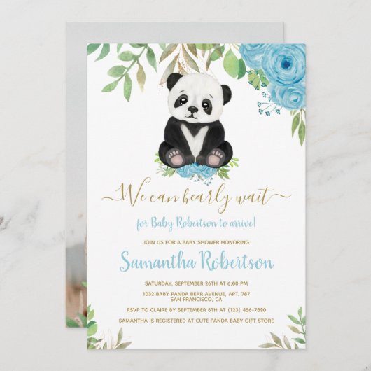 かわいいクマ青フローラ水彩赤ちゃんシャワー写真 招待状 (正面/裏面)