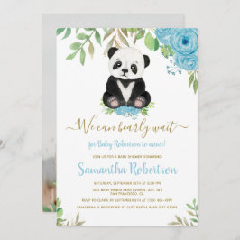 かわいいクマ青フローラ水彩赤ちゃんシャワー写真 招待状