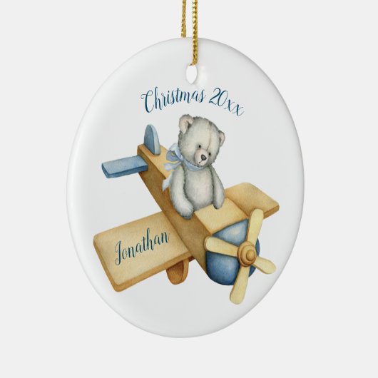 かわいいクマ飛行機の水の色クリスマス名 セラミックオーナメント (右)