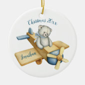 かわいいクマ飛行機の水の色クリスマス名 セラミックオーナメント (正面)
