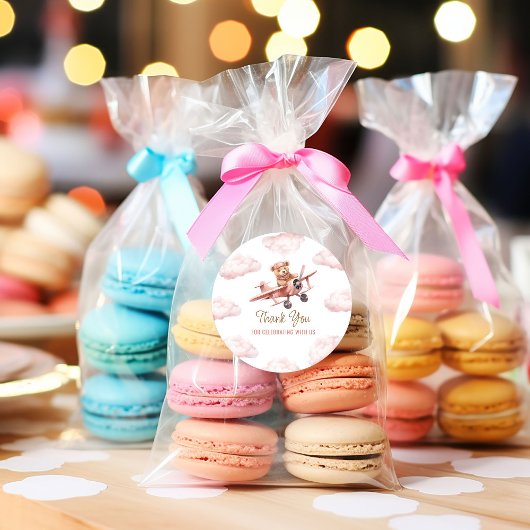 かわいいクマ飛行機ピンクの女の子ベビーシャワーありがとう ラウンドシール