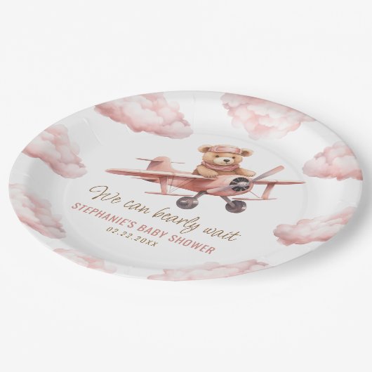 かわいいクマ飛行機ピンクの女の子ベビーシャワー ペーパープレート (アングル)