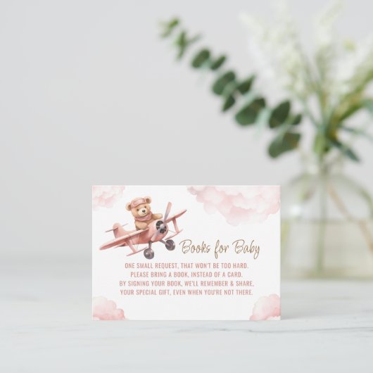 かわいいクマ飛行機ピンク色の女の子の本ベビー エンクロージャーカード (スタンド正面)