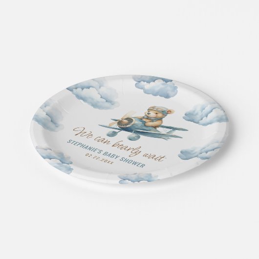 かわいいクマ飛行機青い男の子ベビーシャワー ペーパープレート (アングル)