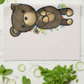 かわいいクマ黄色の花とフローラリースモノグラム キッチンタオル (折り畳み)