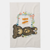 かわいいクマ黄色の花とフローラリースモノグラム キッチンタオル (縦)