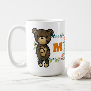 かわいいクマ黄色の花とフローラリースモノグラム コーヒーマグカップ