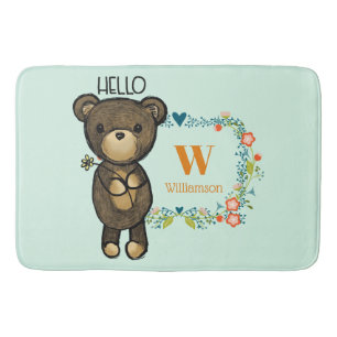 かわいいクマ黄色の花とフローラリースモノグラム バスマット
