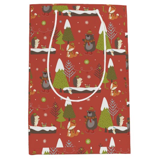 かわいいクマ、キツネ、ハリネズミの子供たちクリスマスおもしろい ミディアムペーパーバッグ (正面)