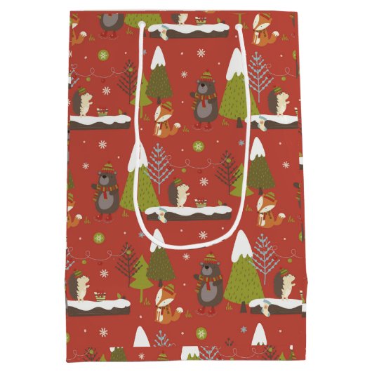 かわいいクマ、キツネ、ハリネズミの子供たちクリスマスおもしろい ミディアムペーパーバッグ (裏面)