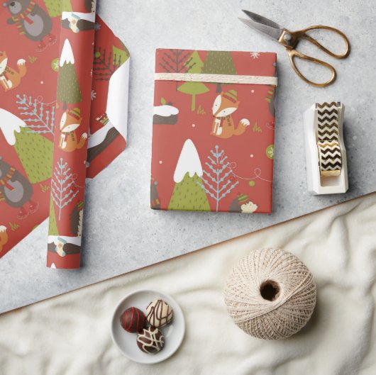 かわいいクマ、キツネ、ヘッジホッグキッズホリデイおもしろい ラッピングペーパー (クラフト)