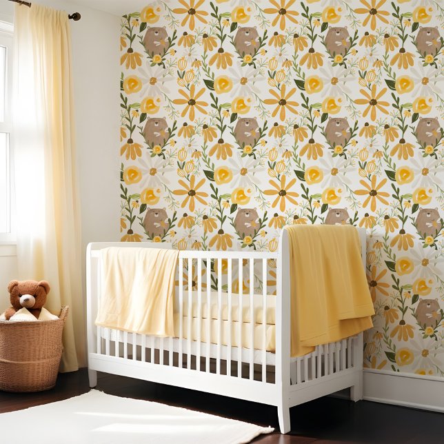 かわいいクマ&スイートハニービーイエローワイルドフラワー 壁紙 (Cute Bear & Sweet Honey Bee Yellow Wildflower Wallpaper)