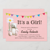 かわいいクマ&デイジーガール 赤ちゃん歓迎会 招待状 (正面/裏面)