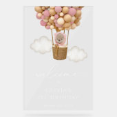 かわいいクマ、ピンク色のバルーン、最初の誕生日へようこそ アクリルサイン (正面)