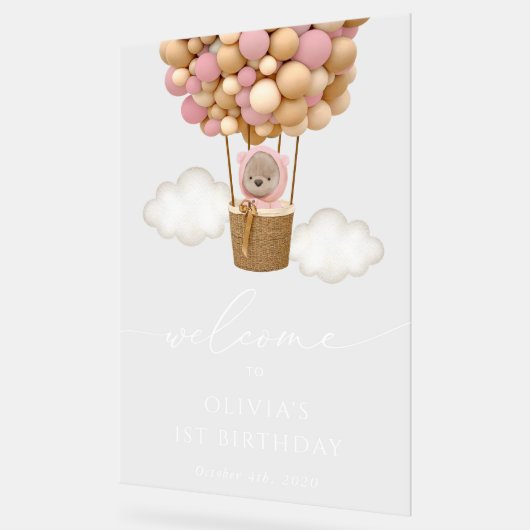かわいいクマ、ピンク色のバルーン、最初の誕生日へようこそ アクリルサイン (傾斜)