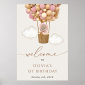 かわいいクマ、ピンク色のバルーン、最初の誕生日へようこそ ポスター (正面)