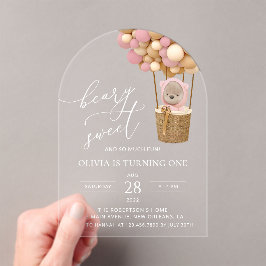 かわいいクマ、ピンク色のバルーン、第1誕生日 アクリル招待状