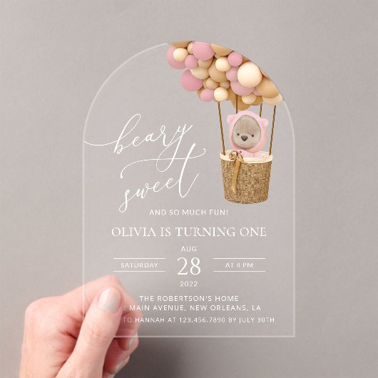 かわいいクマ、ピンク色のバルーン、第1誕生日 アクリル招待状 (インサイチュ (ポータブル))