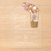 かわいいクマ、ピンク色のバルーン、第1誕生日 アクリル招待状 (正面)