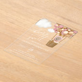 かわいいクマ、ピンク色のバルーン、第1誕生日 アクリル招待状 (レイダウン)