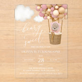 かわいいクマ、ピンク色のバルーン、第1誕生日 アクリル招待状 (正面)