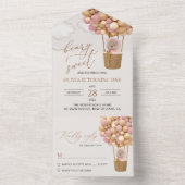 かわいいクマ、ピンク色のバルーン、第1誕生日 オールインワン招待状 (内側)