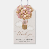 かわいいクマ、ピンク色のバルーン、第1誕生日 ギフトタグ (正面)