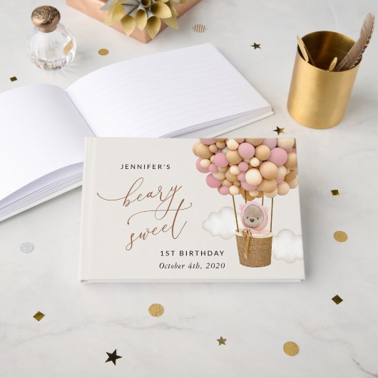かわいいクマ、ピンク色のバルーン、第1誕生日 ゲストブック (正面見開き)