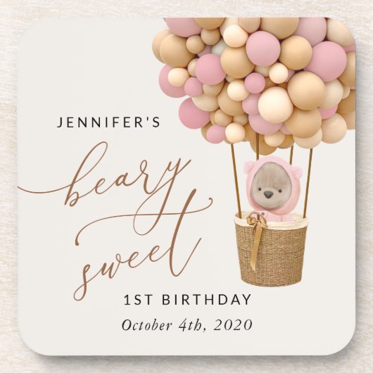 かわいいクマ、ピンク色のバルーン、第1誕生日 コースター (正面)