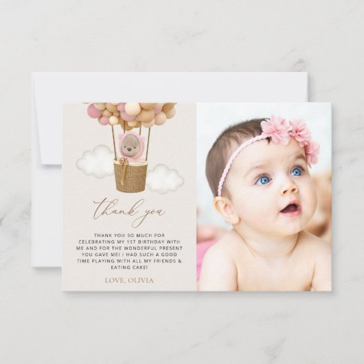 かわいいクマ、ピンク色のバルーン、第1誕生日 サンキューカード (正面)