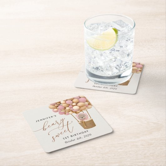 かわいいクマ、ピンク色のバルーン、第1誕生日 スクエアペーパーコースター (インサイチュ)