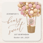 かわいいクマ、ピンク色のバルーン、第1誕生日 スクエアペーパーコースター (正面)