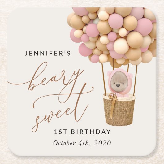 かわいいクマ、ピンク色のバルーン、第1誕生日 スクエアペーパーコースター (正面)