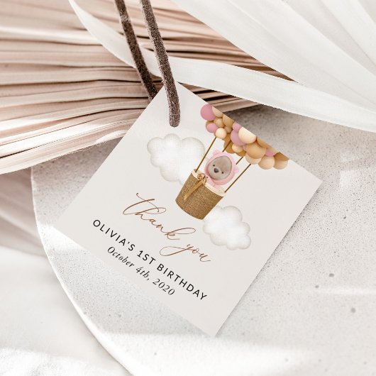 かわいいクマ、ピンク色のバルーン、第1誕生日 フェイバータグ