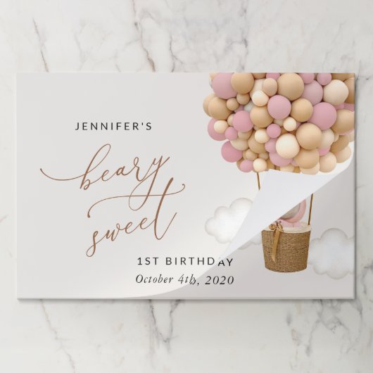 かわいいクマ、ピンク色のバルーン、第1誕生日 ペーパーパッド (折り畳み)