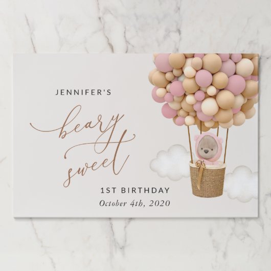 かわいいクマ、ピンク色のバルーン、第1誕生日 ペーパーパッド (正面)