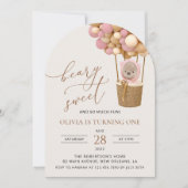 かわいいクマ、ピンク色のバルーン、第1誕生日 招待状 (正面)