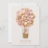 かわいいクマ、ピンク色のバルーン、第1誕生日 招待状 (裏面)