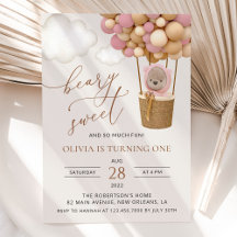 かわいいクマ、ピンク色のバルーン、第1誕生日