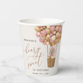 かわいいクマ、ピンク色のバルーン、第1誕生日 紙コップ (正面)